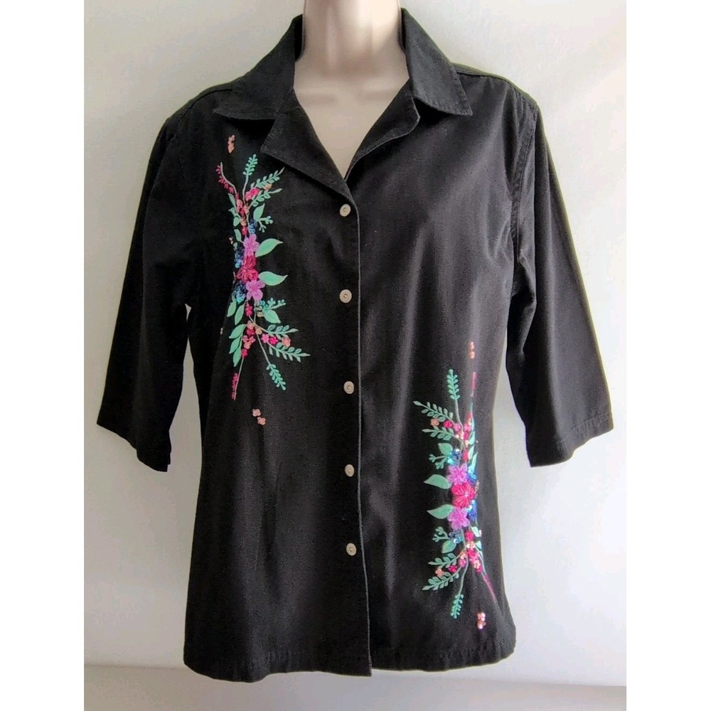Studio West Women's Black Embroidered Floral Blouse 3/4 Sleeve Button Up Top M